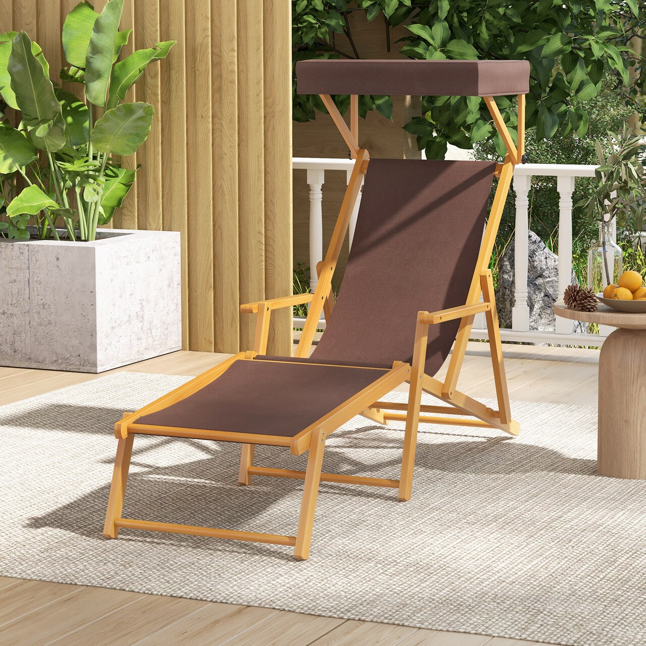 Adjustable Canopy Birch Wood Foldable Beach Chaise Lounge Chair - 67" L x 24.5" W x 48.5"-55" H